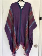 Peruvian Connection Purple Multicolor Stripe Long Poncho 100% Alpaca EUC picture