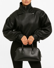 Women's Genuine Leather Oversized Bomber Jacket – High Neck Cropped Outerwear picture