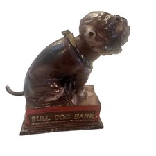 Vintage  Cast Iron Bull Dog Bank Brown Metal Coin Bank 7.5 Inch Missing eyeball picture