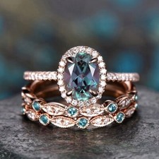 Vintage Unique oval cut Alexandrite engagement ring set, wedding ring set . picture