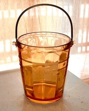 Vintage Ice Bucket Pink Amber Glass Etched Floral Metal Handle Clear picture