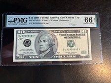 DBR 1999 $10 FRN Kansas City Gem Fr. 2033-J PMG 66 EPQ Fancy Serial BJ99998888Y picture