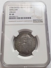 1754-Dated France Louis XV Silver Artillery Jeton Token NGC XF40, 28mm French picture