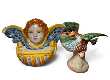 Vintage Italian Majolica Ceramic Decor Set - Mottahedeh Parrot & Cherub Wall Poc picture