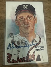 1980-02 Perez-Steele HOF Postcards Set-Break #139 Warren Spahn AUTO *GMCARDS* picture