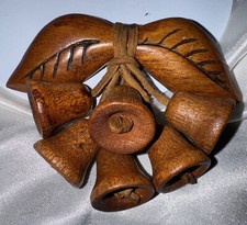 Antique Wood Leather Brooch Bow w Bells, 3.5