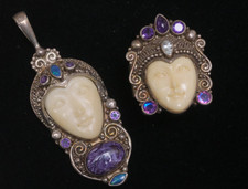 Vintage Sajen Carved Goddess Face Sterling Silver Multi Gemstone Ring & PENDANT picture