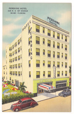 Vtg Postcard-Pershing Hotel-Miami FL-Old Cars-Street View-Linen-FL1 picture