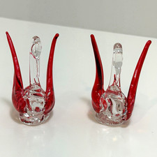 Vintage Murano Style Miniature Art Glass Swan Figurine Pair Red Clear 1.5