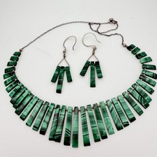 Vintage 925 Sterling Silver Malachite Necklace Earrings Set Fringe Slab Bib picture