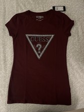 GUESS Burgundy Rhinestone Logo Solid Crew Neck Short Sleeve T-Shirt XS picture