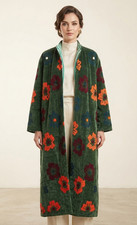 Women's Green Velvet Duster Coat Embroidered Floral Tiger Open Front Trench picture