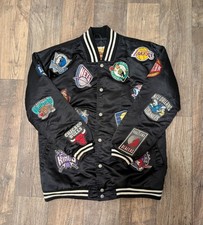 Vintage Jeff Hamilton NBA Logo ALL Teams AOP Patches Black Bomber Jacket *Large* picture