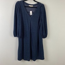 LOFT Stripe Textured Pleated Mini Dress Size Large Blue V Neck 3/4 Sleeves picture