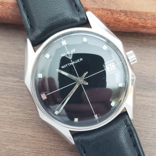 Vintage Wittnauer Black Crosshair Dial Faceted Steel Case Mechanical Watch, Nice picture