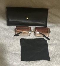 Men's Rimless Rectangle Sunglasses Gold Metal Frame Brown Tinted Lenses Case picture