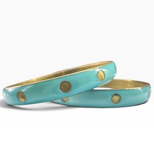 Vintage Turquoise Blue Enamel Brass Polka Dot Bangle Bracelets Stacking Set 2 picture