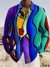 Abstract Face Button Up Shirt Colorful Long Sleeve Green Blue Purple Contrast picture