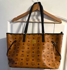 MCM Visetos Logo Tote Shoulder Bag Brown/Black Zip Gold Hardware Pouch picture