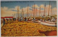 Sponges Tarpon Springs Dock Florida Boats Linen Postcard Vintage Unposted picture