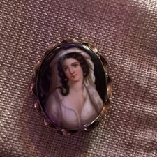 Antique Victorian Cameo Portrait Brooch Porcelain Hand Painted Pin picture
