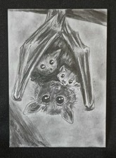 ACEO Original Mini Drawing Bat And Babies Halloween Decor Artwork Cute Fun Art picture