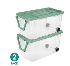 2 Pack Sterilite 160 Qt Wheeled Storage Bin Clear Latching Lid Pull Handle Green picture