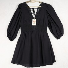 Entro Black Crochet Lace Smocked Waist Balloon Sleeve Mini Dress Small NWT picture