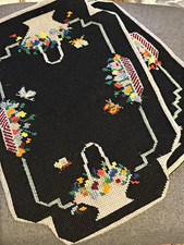 Vintage handmade Needlepoint Floral Basket Place Mats Set of 2, Black Background picture