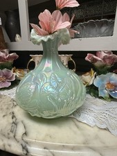 Vintage Fenton Art Glass Sea Green Satin Iridescent Swan Vase picture