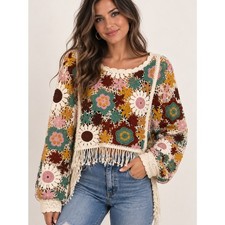 House of Harlow 1960 Cream Multi Crochet Floral Fringe Sweater picture