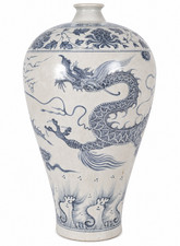 Large Chinese Blue and White Porcelain Dragon Meiping Vase, Late Qing Dynasty picture