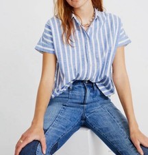 Madewell Women's Small Striped Short Sleeve Button Down Shirt Blue White Cuffed picture