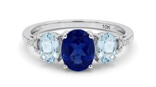 GENUINE BLUE SAPPHIRE , AQUAQMARINE & DIAMOND RING 10K SOLID WHITE GOLD -NWT picture