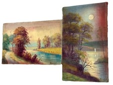 Lot Of 2 Vintage Randall Felt Paintings Moonlit & River Landscape Scenes Nice picture