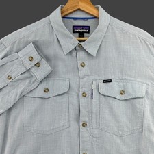 Patagonia Light Blue Hemp Blend Stealth Stream Long Sleeve Button Shirt Mens L picture