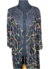 Vintage Vassarette Silk Peignoir Robe Black Jewel Chain Print Lace Trim Women’s picture