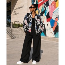 Atelier Nicole Miller Graffiti Print Bomber Jacket Silk Blend Zip Front Size P picture