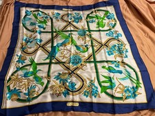 HERMES Silk Scarf Carre 90 Caraibes Bird Floral Blue Green Elegant France 96 picture