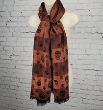 Romano Fiorenti Orange Black 100% Silk Skulls Striped Scarf Wrap Italy 74x29 picture
