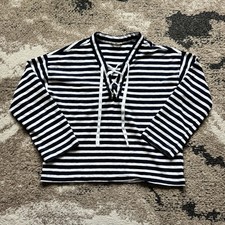 Madewell Navy & White Striped Lace-Up Henley Top picture
