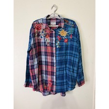 Johnny Was Workshop Plaid Embroidered Floral Boho Button Down Shirt Western L picture