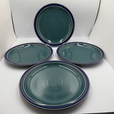 Vintage Denby Harlequin Stoneware Speckled Green Navy Rim Dinner Plates Set of 4 picture