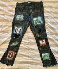 Halloween grunge distressed upcycled patch painted unique jeans  sz 14 picture