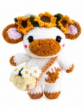Handmade Crochet Sunflower Cow Plush Amigurumi Cute Stuffed Animal Toy Gift picture