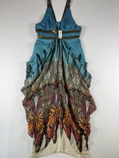 NWT Bebe Gwen Silk Butterfly Drape Maxi Dress L Blue Metallic 100% Silk Y2K picture