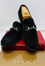 Gucci Mens Black Suede Loafers 14.5 Silver Horse Bit Leather Luxury Slip On Shoe picture