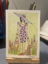 ACEO Fancy Elegant Purple Hat Lady Watercolor Painting Original Art Card ATC picture