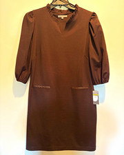 Sharagano Brown Knit Shift Dress 14 V-Neck 3/4 Puff Sleeve Pockets Ruffle picture