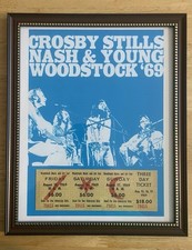 Woodstock Custom Framed Crosby Stills Nash & Young 8”x10” Photo & 2”x 6” Ticket picture